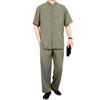 2Pcs/Set Men Suit Stand Collar Short Sleeve Single Breasted Shirt Elastic Waist Long Pants Set Solid Color Loose Fit Leisure Outfit