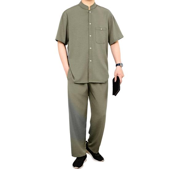 2Pcs/Set Men Suit Stand Collar Short Sleeve Single Breasted Shirt Elastic Waist Long Pants Set Solid Color Loose Fit Leisure Outfit