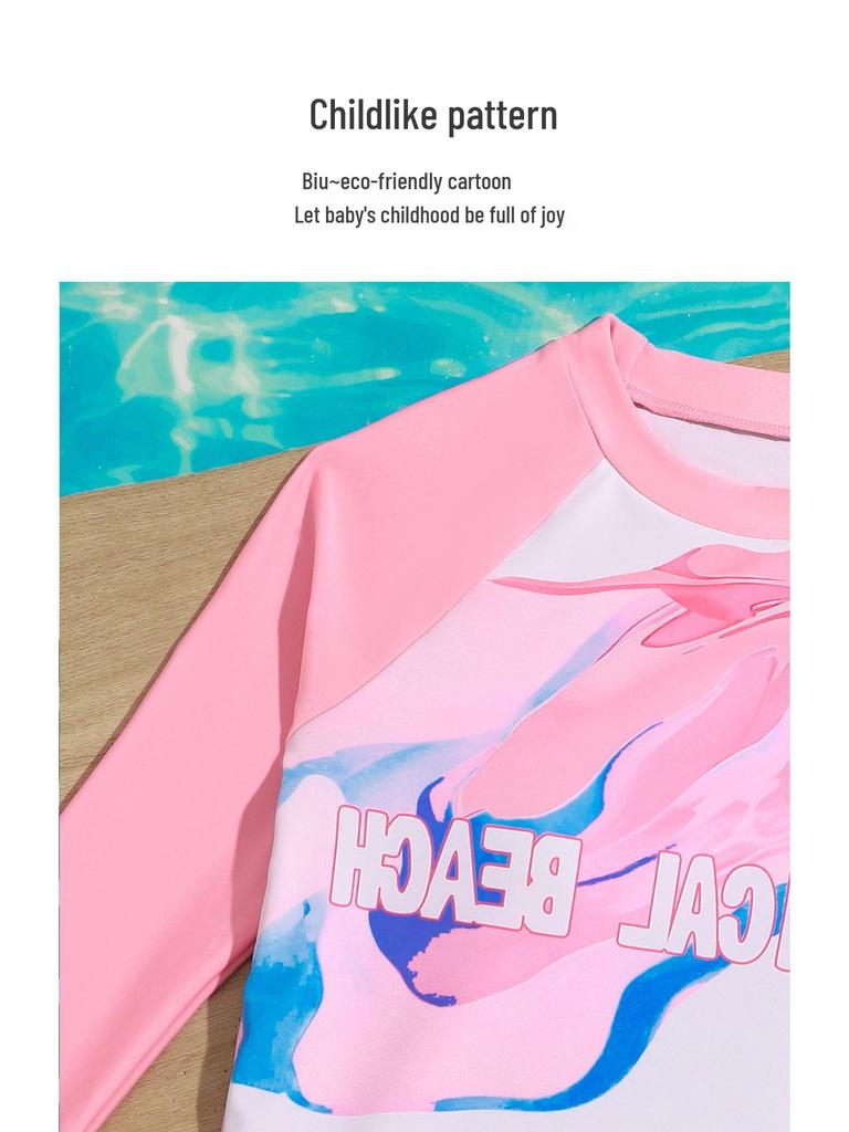 2025 Pink Tie-Dye Long Sleeve Two-Piece Swimsuit for Girls: Includes Short Skirt