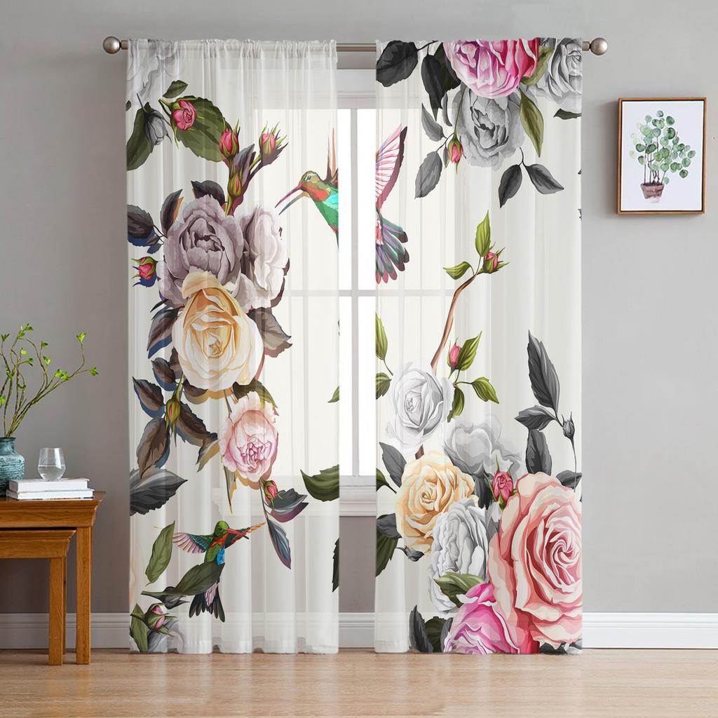 Peony Flower Sheer Curtains for Living Room Modern Voile Curtain Bedroom Tulle Curtains Window Drapes Decor
