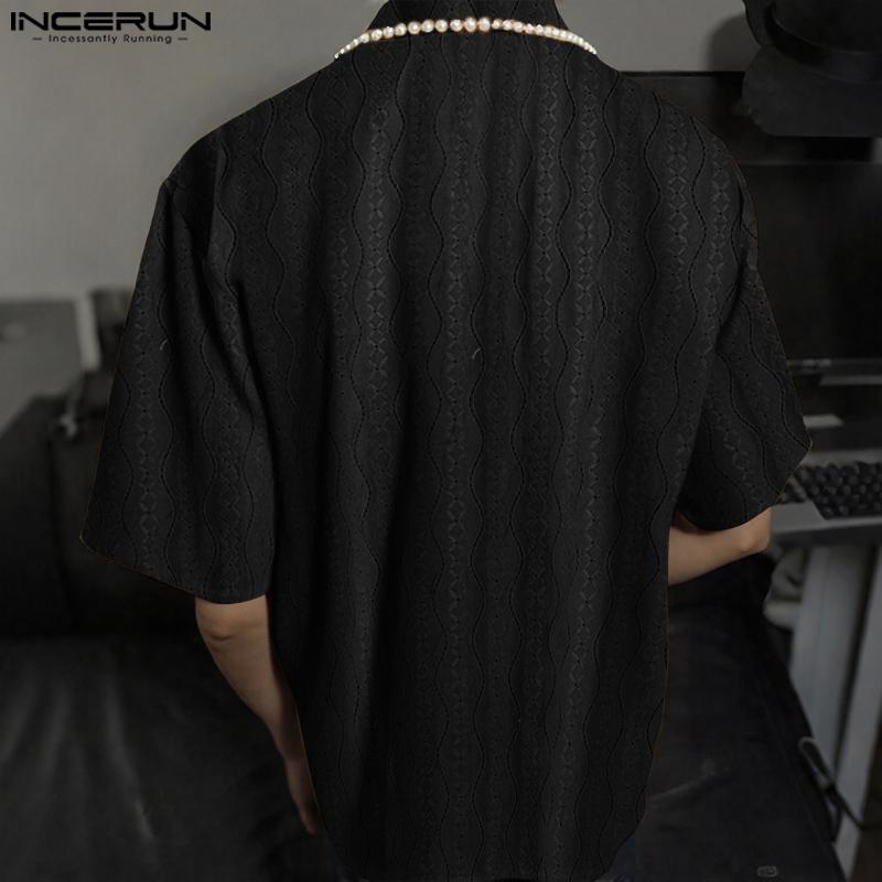 INCERUN Men Beading Neck Short Sleeve Lace Crochet Casual Oversized Shirts