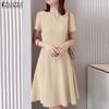 ZANZEA Women Casual Round Neck Summer Short Sleeve Dress