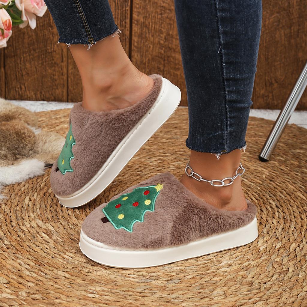 Unisex Christmas Tree Pattern Thick House Slippers for Indoor Winter Wear