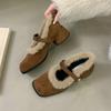 French Thick Heel Fluffy Shoes Women's Shoes Wear 2025 New Autumn and Winter Velvet Small Mary Jane All-inclusive Cotton Shoes