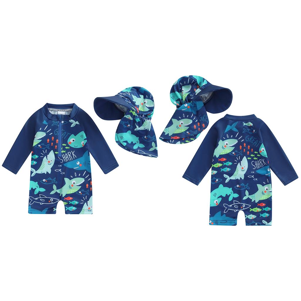 Costum de baie pentru bebeluși cu protecție împotriva erupțiilor cutanate și pălărie, set de 2 piese, model de pește și rechin, cu fermoar, mânecă lungă și guler rotund, pentru bebeluși și băieți