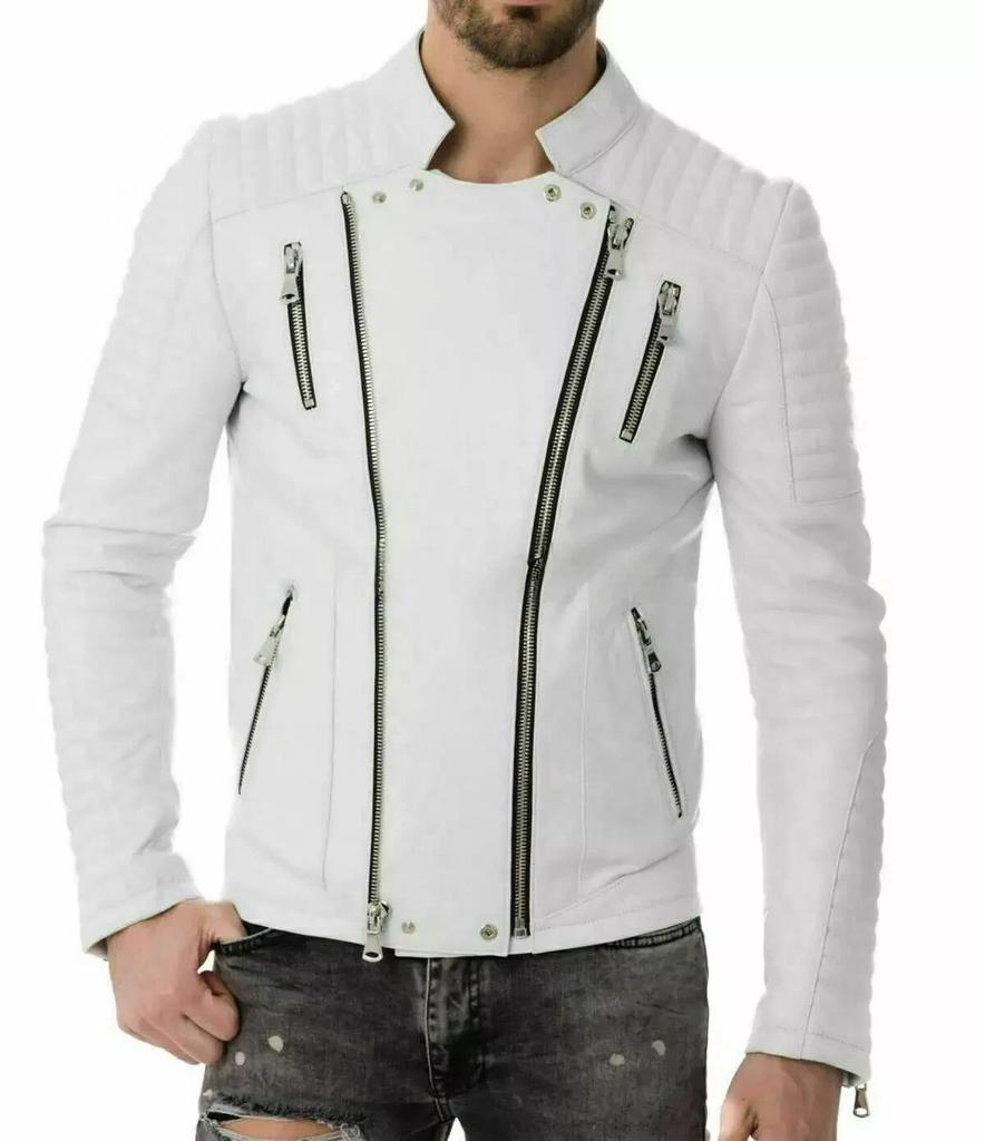 Jacke Biker Herren echtes Lammleder Motor Neu weiß handgefertigt stilvoll