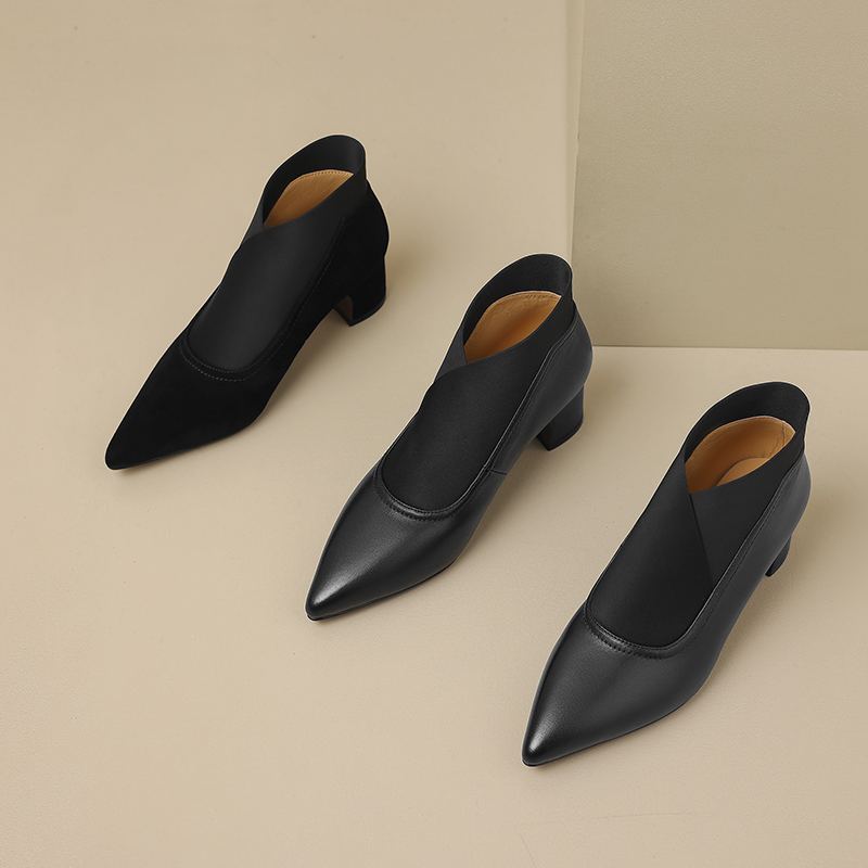 Krazing Pot Cow Leather Sheep Suede Winter Pointed Toe Med Heels Modern Boots Women Slip On Ankle Boots