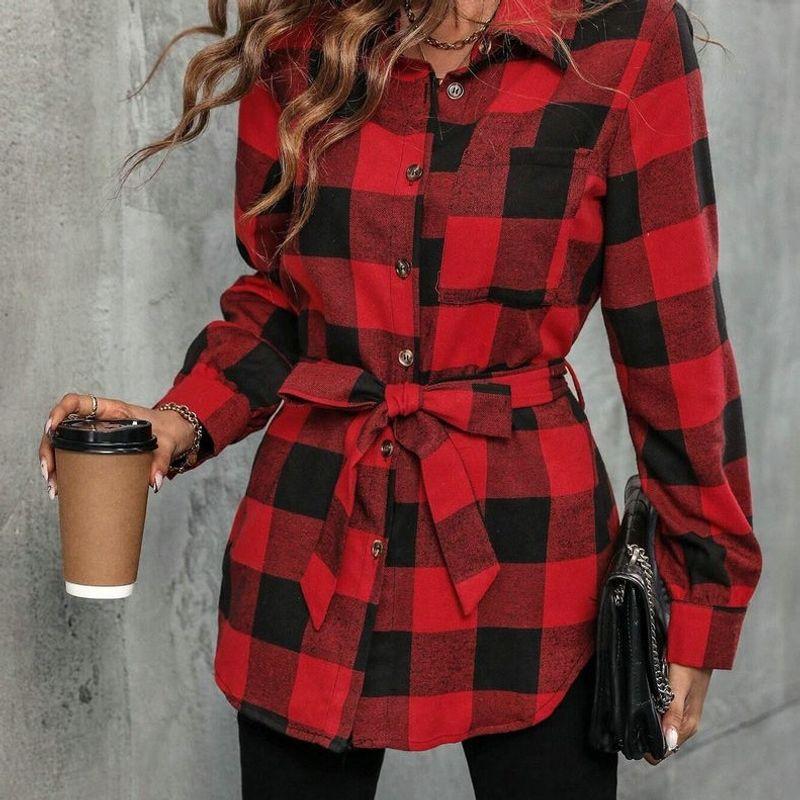 

Elegant Stylish New Arrival Casual Gingham All-Matching Long Sleeve Coat Shoelace Loose Retro Color Matching Shirt Tops Red Black Plaid L
