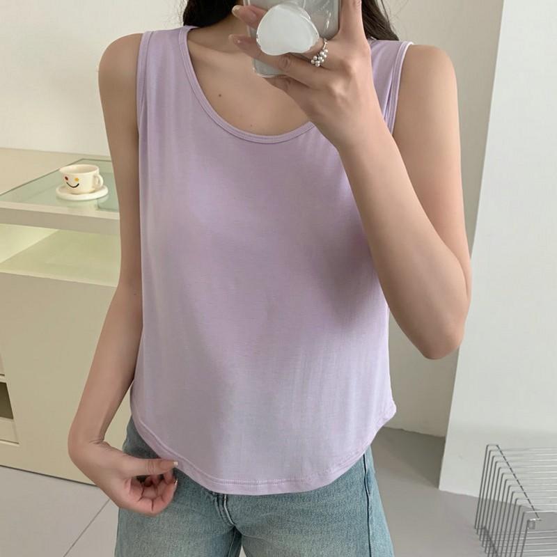 

Women s Built-in Bra Padded Tank Top Double U-Neck sleeveless Tees Summer Underarm Smoothing Flattering Layering Cami Top 2XL світло-фіолетового кольору