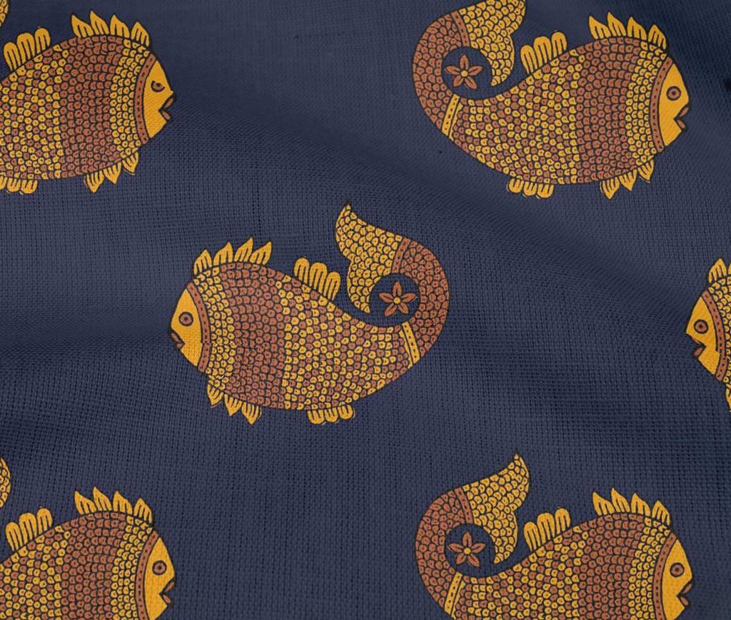oneOone Cotton Flex Fabric Fish Block Printed Fabric 1 Yard 40 Inch Wide