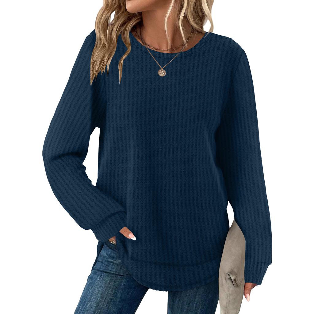 Women's Fashion Solid-Color Loose-Fit Long-Sleeve  Neck Casual Top