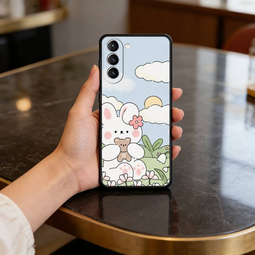 C-Cute R-Rabbit Phone Case For Samsung S25,24,23,22,30,21,10,9,Ultra,Plus,Lite,FE,4,5 G Soft Black Case