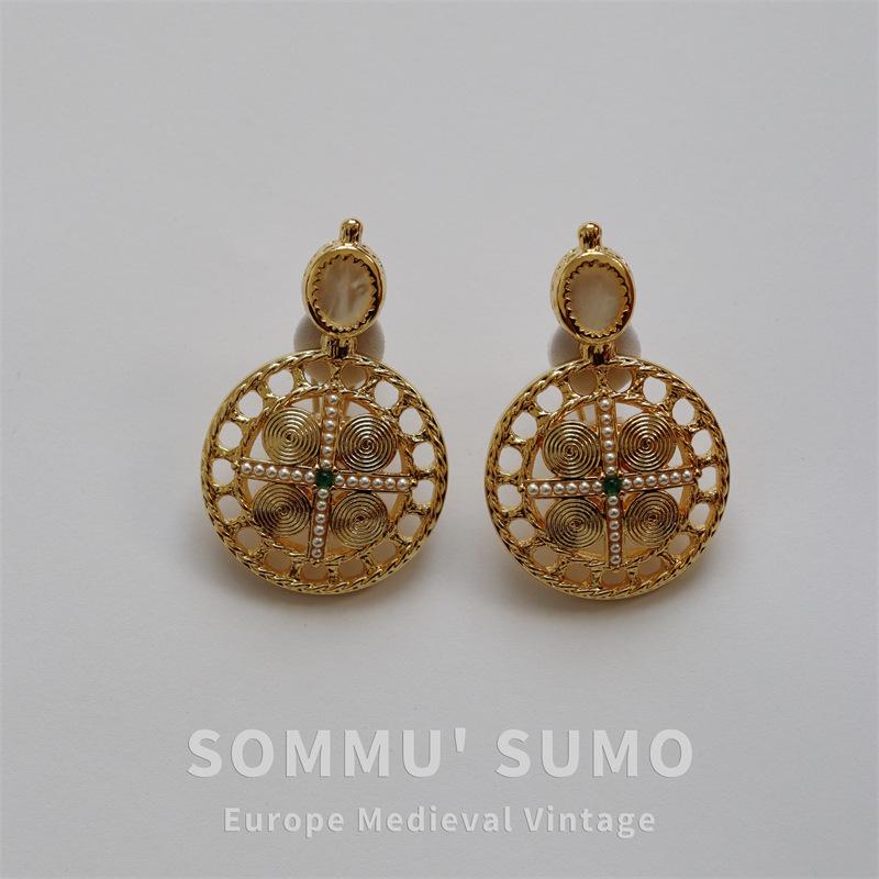 Diana earrings silver needle medieval hollow wire drawing process brass electroplated real gold pearl agate natural shell