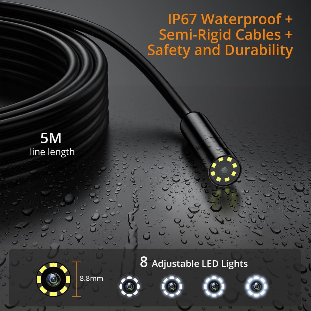 Neoteck Fiberscope Endoscope 5m 8 LED Industrial Snake IP67 Compatible with Air and Industrial Japanese Instruction Manual Camera, 1920P, Cable,