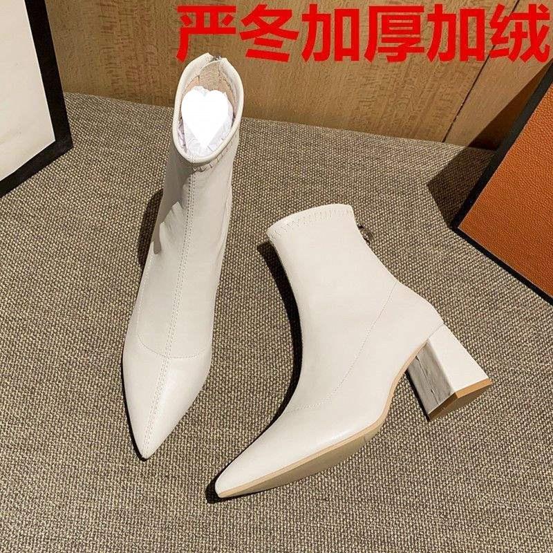 White high-heeled short boots women's autumn and winter pointed women's boots 2025 new Korean version of thin boots versatile Internet celebrity Mart
