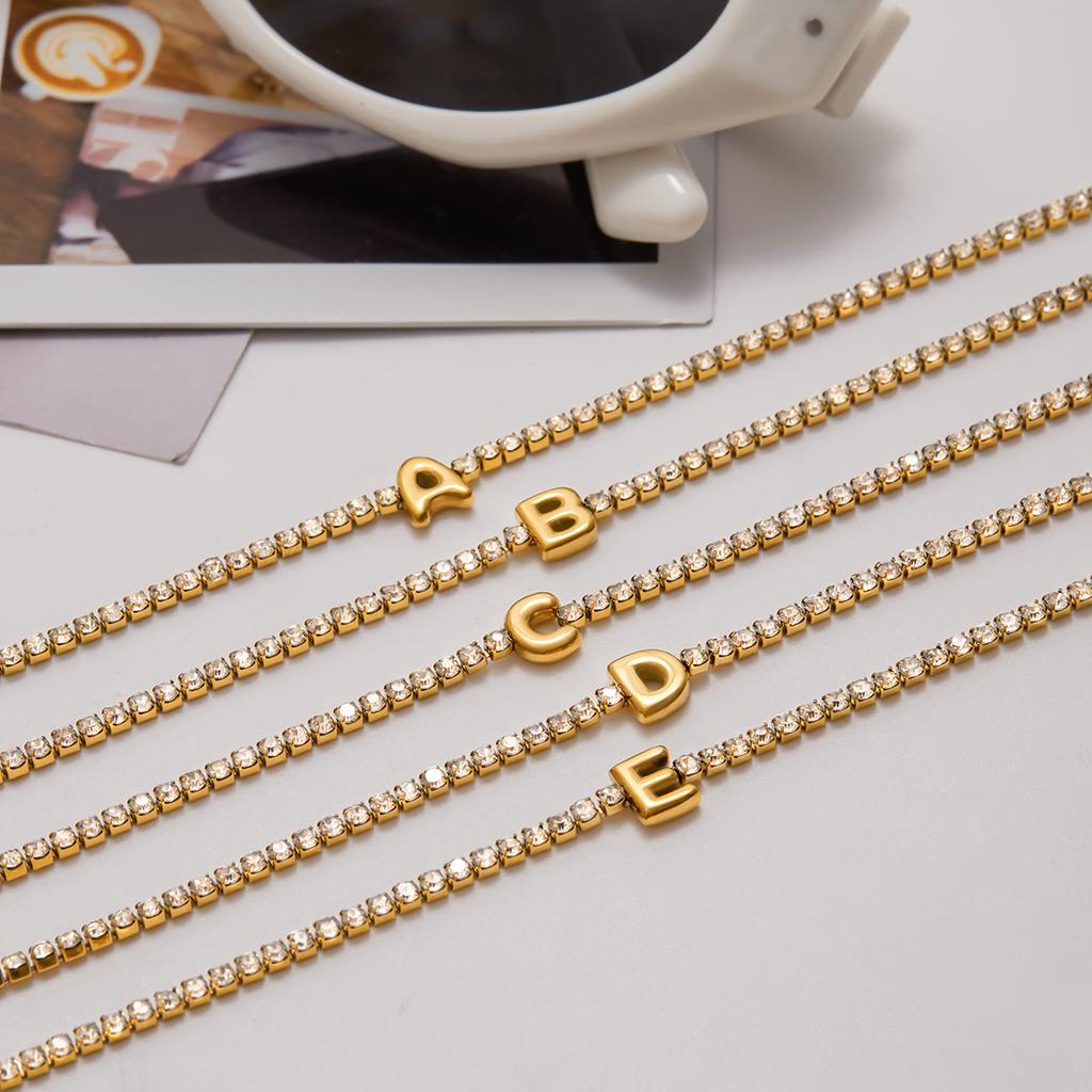 J&D 18K Gold Plate Stainless Steel Bracelet Trendy Classic Waterproof White Zircon Letter Chain Bracelet