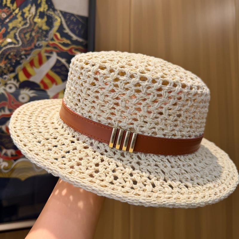 Old Money Wind Hollow Woven Flat Top Hat Women's Summer French Retro Seaside Beach Sunscreen Hat Sun Hat Straw Hat