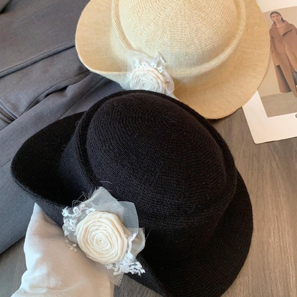 Lace Black Knitted Hat Floral Women Fisherman Hat Fashion Hepburn Style Topper Hat Party