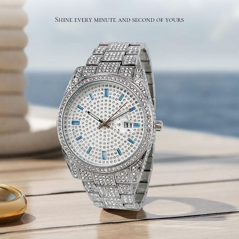 Iced Out Full Diamond Watch for Men Women Luxury Bling Rhinestone Quartz Watch with Date Luminous Hands Waterproof Analog Wrist Watch