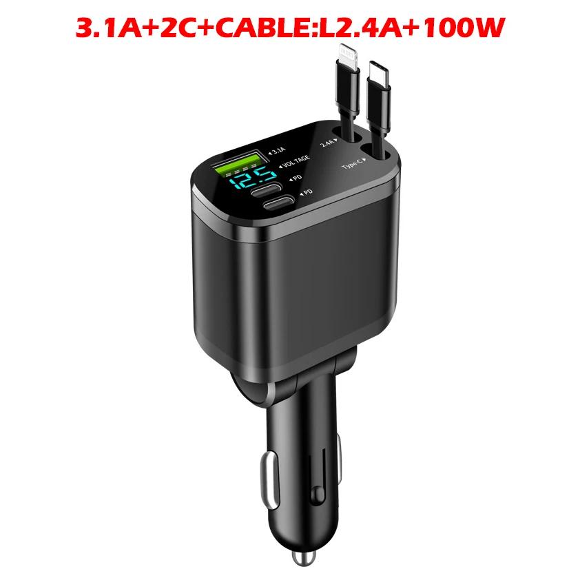 NEW 5-IN-1 100W Retractable Car Charger Mobile Phone USB PD Type C Cable for IPhone Fast Charge Cord Car Socket Adapter