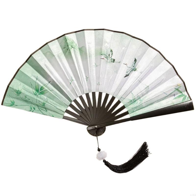 62KD Handhelds Folding Fan Elegant Chinese Vintage Painting Double Sided Hand Fan with Tassels for Dance Home Decorations