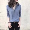V-neck Chiffon Shirt Women's Long-sleeved Loose Pullover Shirts Korean Style Temperament Solid Color Double Layer Collar Shirt Blue White Casual Shirt