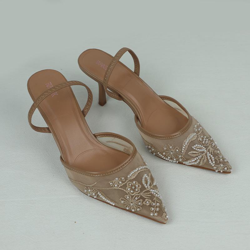 Fashion Women's Sandals 2025 Summer Brand Designer Ladies Flower Mesh Open Heel Shoes Sexy High Heel Pointed Toe Stiletto Pumps Mules