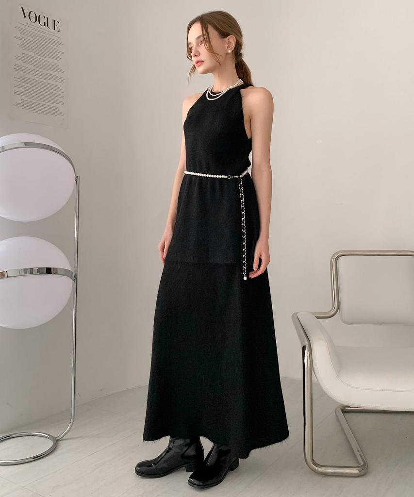 Baseukala [Set] Halterneck Long Knit Top+Skirt Set-Up Black