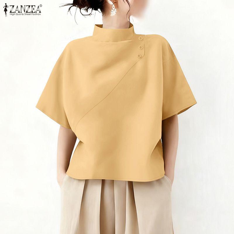 ZANZEA Women Casual Turtleneck Summer Loose Half Sleeve Blouse