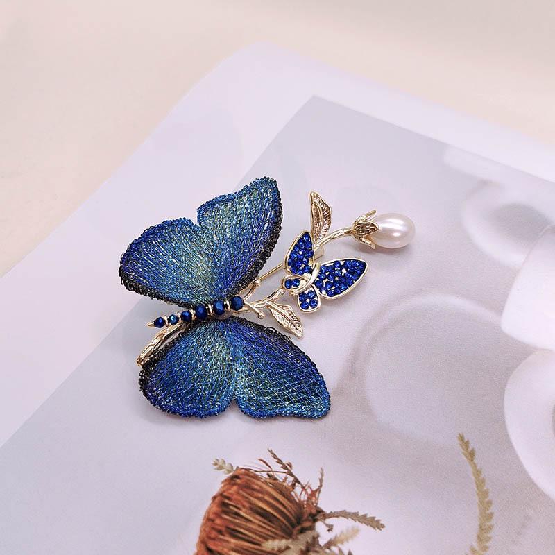 Vintage Chinese Embroidered Butterfly Brooch with Rhinestones and Pearls for Women