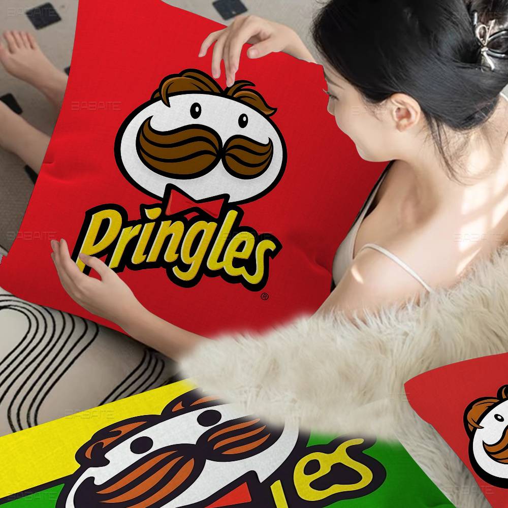 Classic Snack LOGO P-Pringles Pillow Covers Cartoon Sofa Decorative Home Double-sided Printing Short Plush Cute Cushion Cover