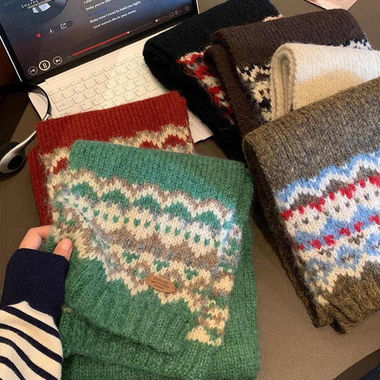 Fair Isle Neujahr Gestrickter Wollschal Rot Damen Winter Neu Koreanische Atmosphäre Warmer Schal