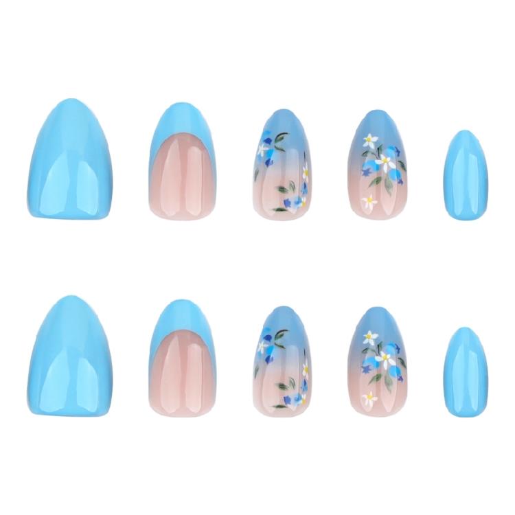 24Pcs French Tip Press on Nail Blue Gradient Acrylic Nail Short Almond False Nail Manicure For Spring And Summer
