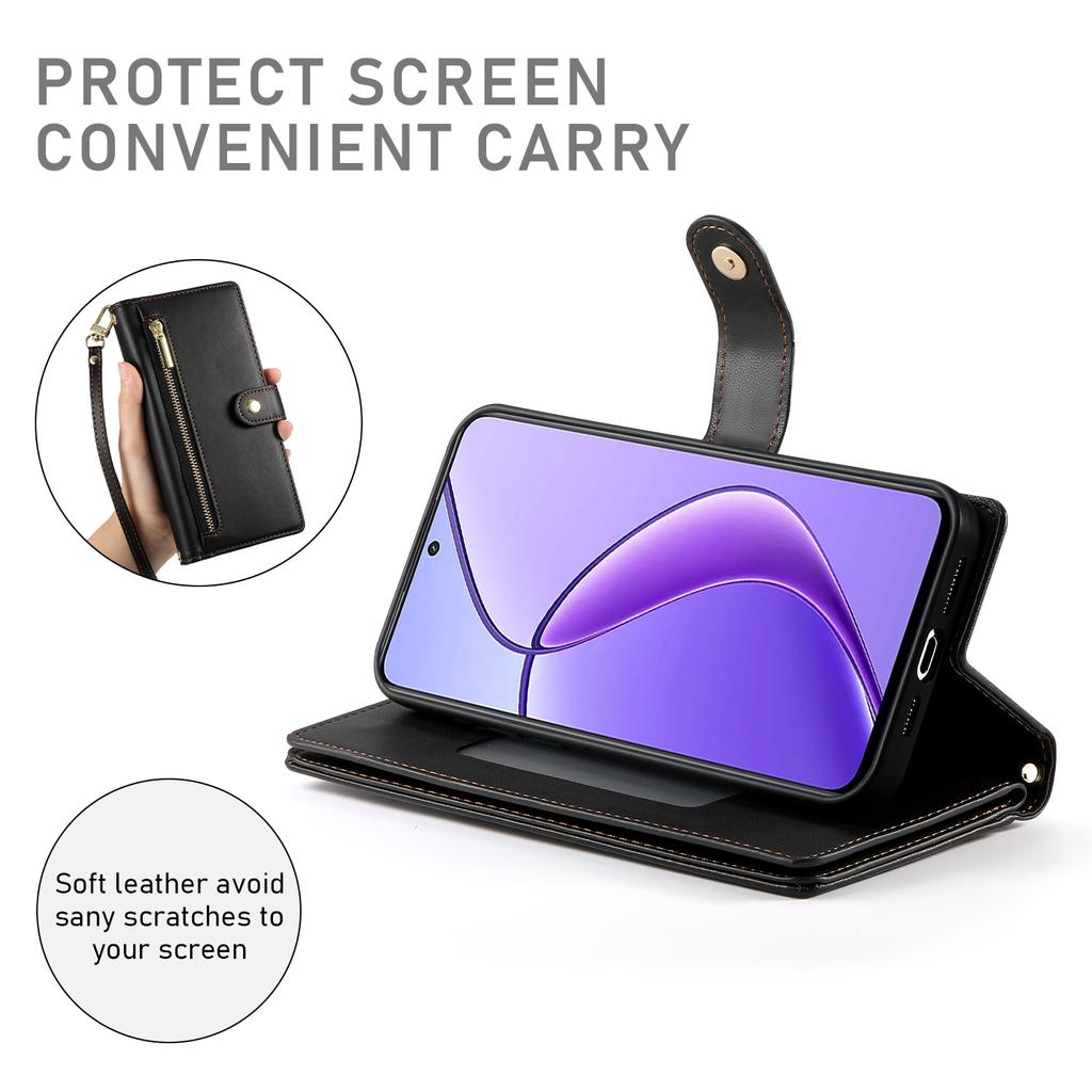 DF-011 Para Realme 14 Pro+ 5G Capa com Bolso Carteira com Zíper Capa de Celular em Couro com Alças