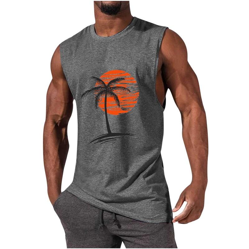 Sommer Neuer Stil Herrenweste Muskel Herren Sport- und Freizeitweste Wärmeübertragung Kokospalme Herren Top T-Shirt