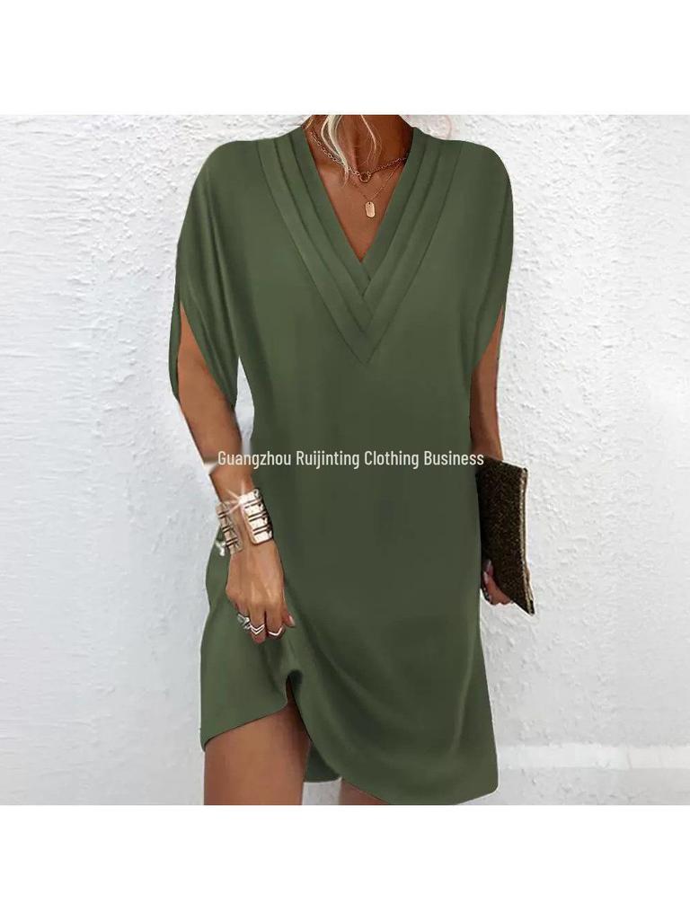 2024 V-Neck Pleated Bat Sleeve Dress for Women - Spring/Summer Collection