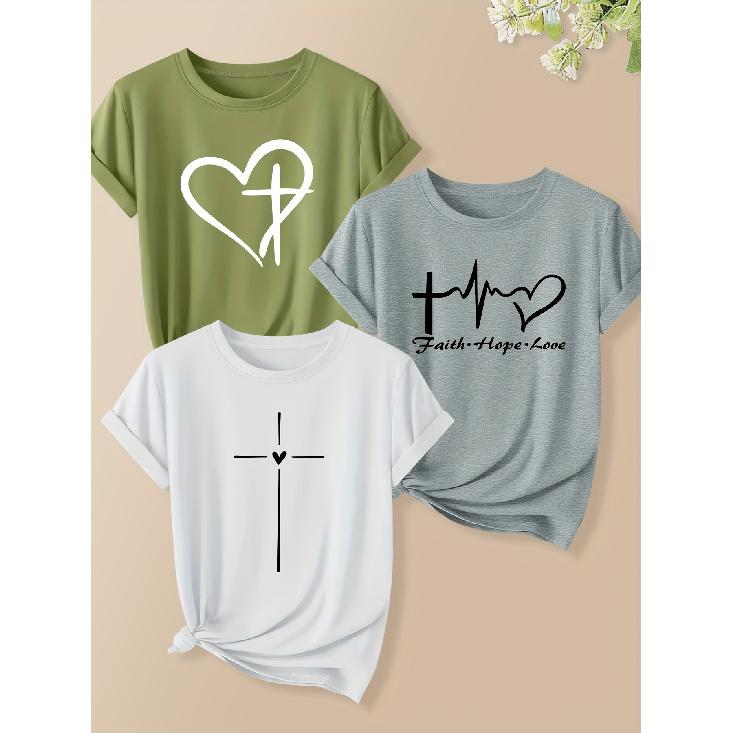 Three-piece set of women's Christian cross and heart letter print short-sleeved shirts 2025Autumn fashion trend: retro round neck, cute style T shirt