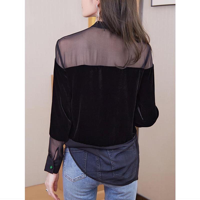 Sexy Cămașă Bluză Elegantă Șic cu Patchwork din Plasă Transparentă pentru Femei Primăvară Vară Mânecă Lungă Guler Înalt Top Negru Blusas