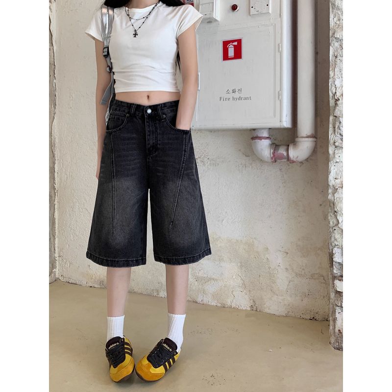 Kumikumi Distressed Retro Washed Demin shorts Women clothes Summer Idle Style High Waist Loose Wide Leg Pants Middle Pants
