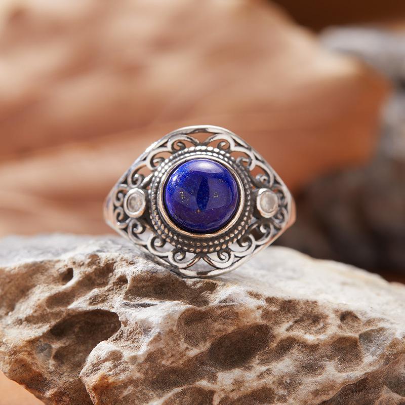 Personalized Retro Thai Silver Colored Treasure Ring Women'S S925 Sterling Silver Natural Jasper Blue Gold Red Corundum Topaz Index Finger Ring