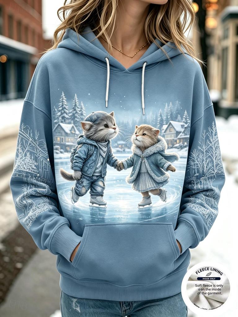Women Fleece Hoodie Cute Anthropomorphic Couple Animal Print Winter Fairy Tale Scenery Pullover