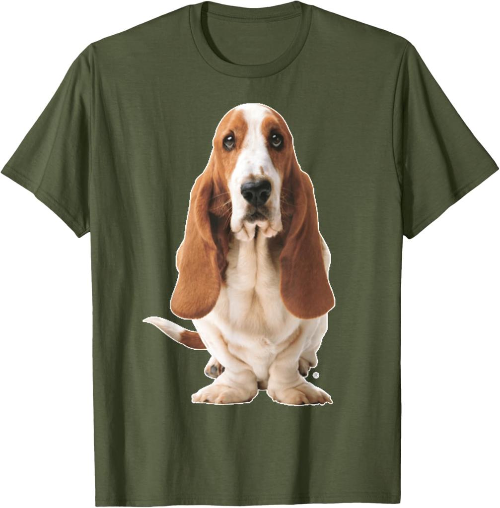 Basset Hound Dog Sitting Graphic Tee Breathable Cotton Casual Short Sleeve T-Shirt for Men