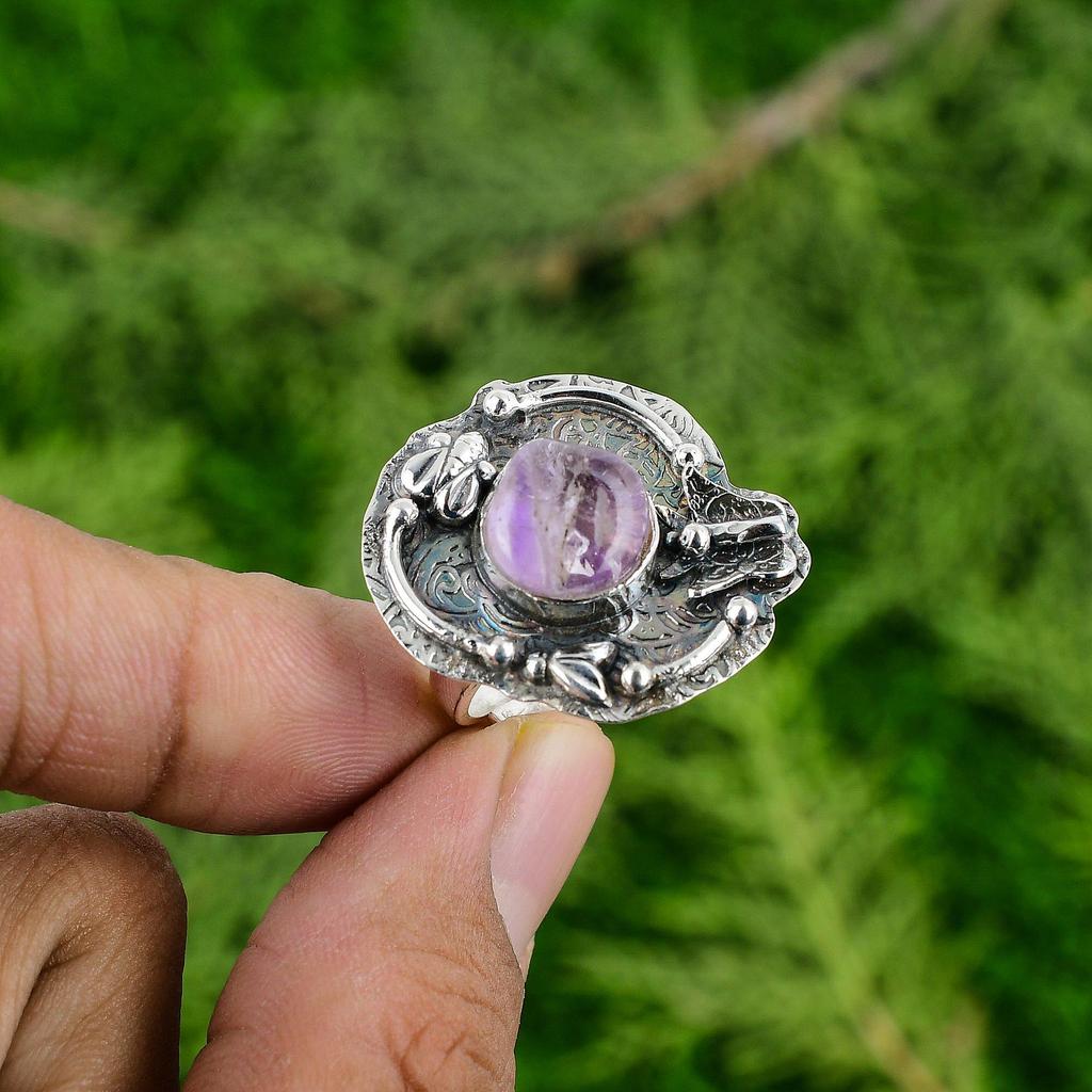 African Amethyst Stone 925 Silver Wedding Statement Bezel Promise Birthday Ring