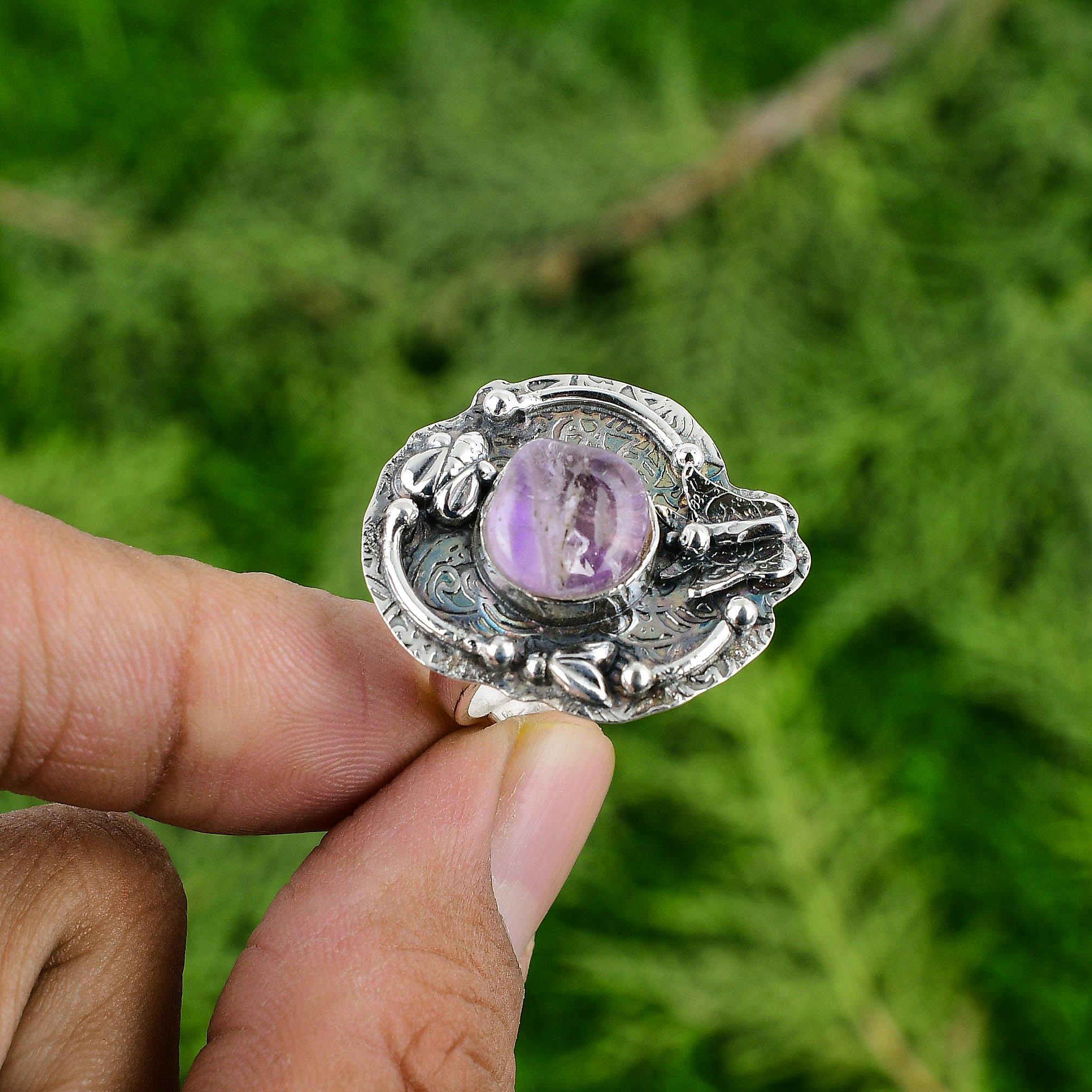 

African Amethyst Stone 925 Silver Wedding Statement Bezel Promise Birthday Ring Adjustable