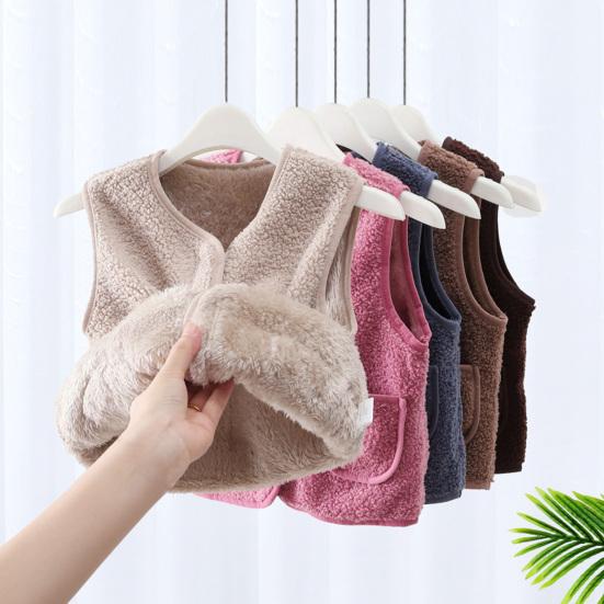 Barn Fleece Vest Ermløs Jakke Ensfarget V-hals Glidelåsvest med Lommer Varm Vinter Plysjvest for Gutter Jenter