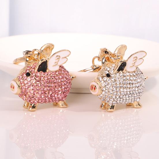 Llavero de cerdo volador con incrustaciones de diamantes de imitación de moda, soporte para llavero, decoración colgante