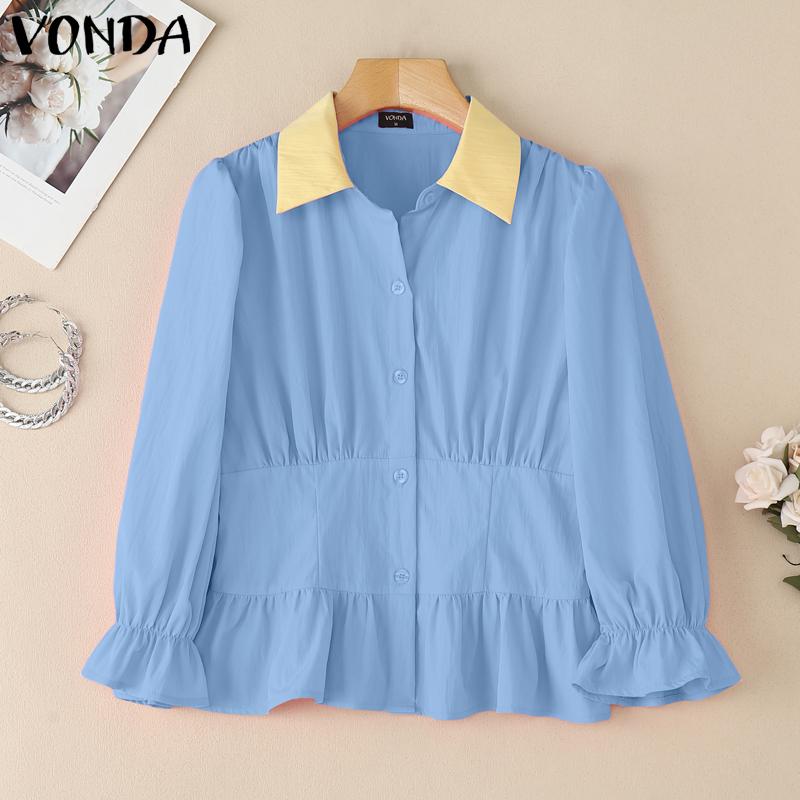 VONDA Women Elegant Lapel Neck Puff 3/4 Sleeve Button Ruffled Slim Waist Casual Blouse