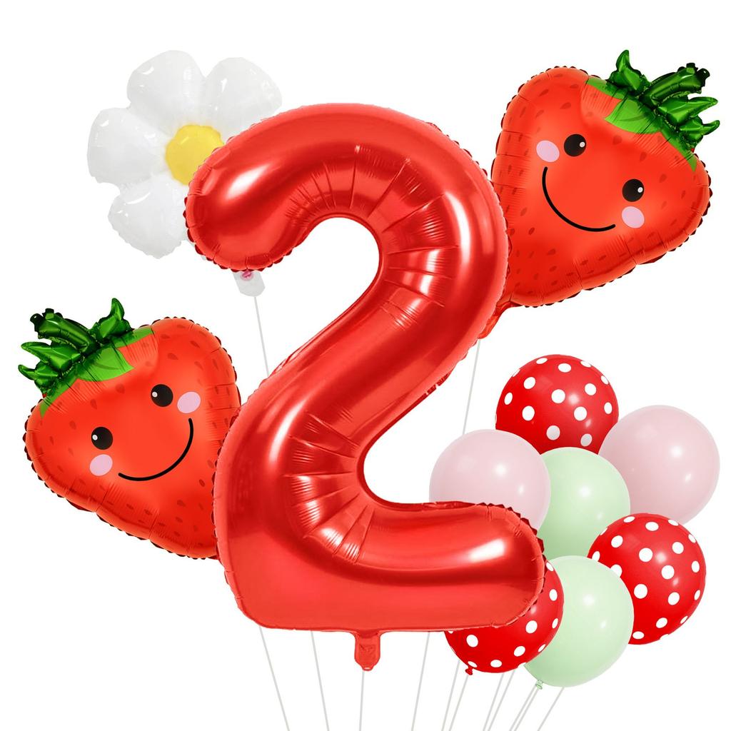 12pcs Strawberry and Red Polka Dot Digital Balloon Set  40 Inch Aluminum Foil, Suitable for Birthday Parties and Celebrations