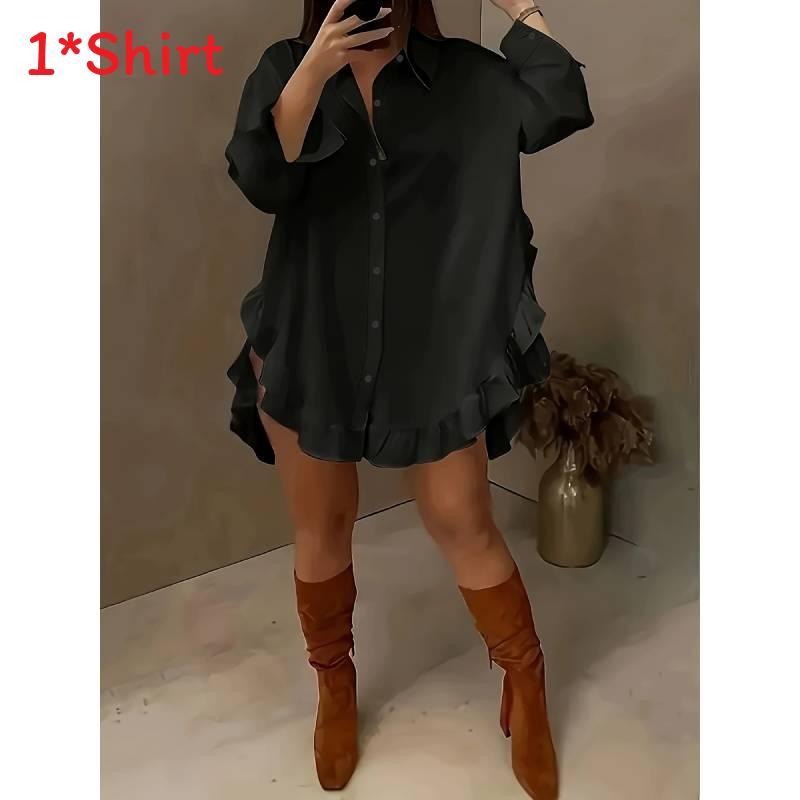 Pure Color Loose Fit Shirt With Ruffle Hem And Long Sleeves For Summer Casual Wear