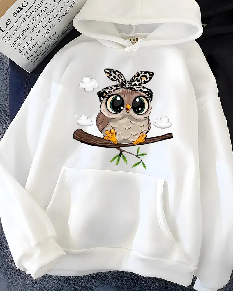 Women Cute Owl Graphic Hoodie Leopard Bow Bandana Owl Print Long Sleeve with Pocket Pullover Casual Hooded Sweatshirt Female Top